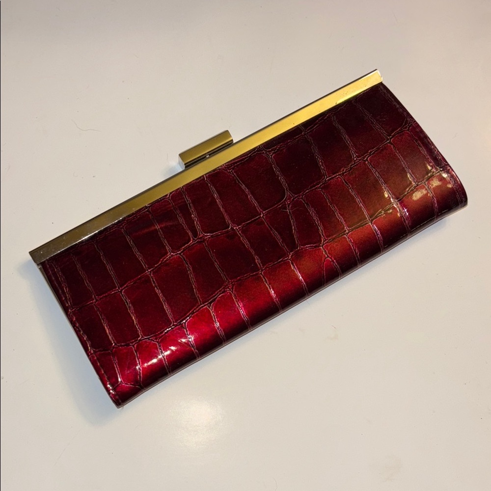 Elegant Burgundy Croc-Embossed Clutch with Gold Trim